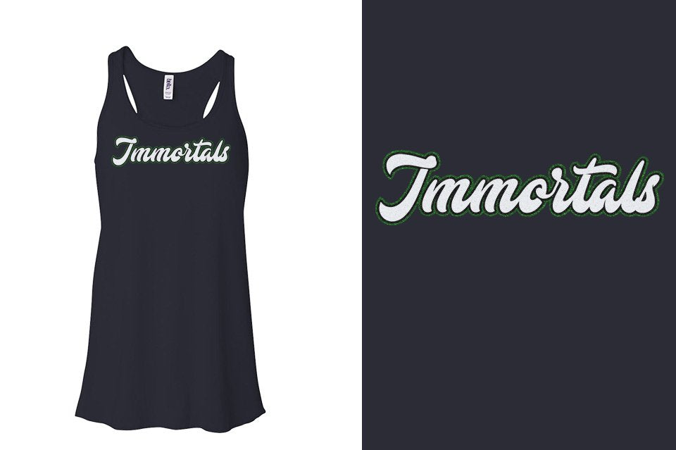 Immortals script text 3-color glitter Youth Flowy Racerback Tank