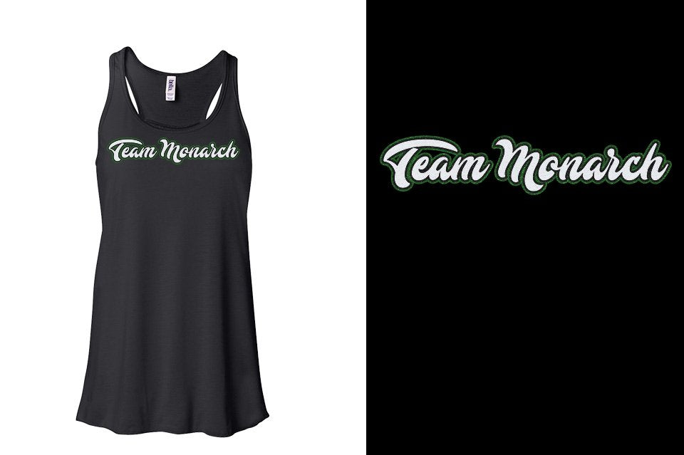 Team Monarch script text 3-color glitter Youth Flowy Racerback Tank