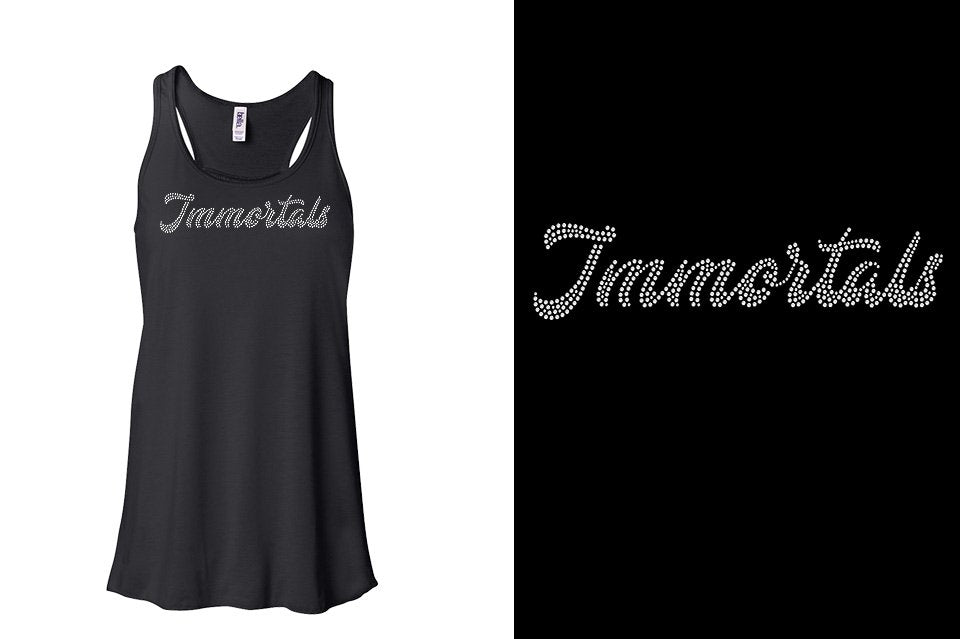 Rhinestones Immortals script text 1-color stones Youth Flowy Racerback Tank