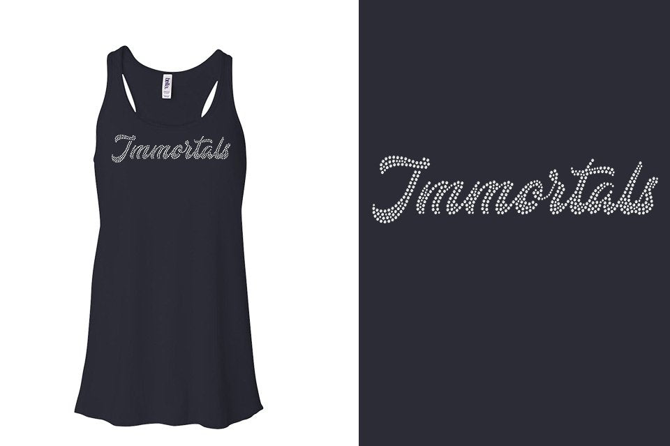 Rhinestones Immortals script text 1-color stones Youth Flowy Racerback Tank