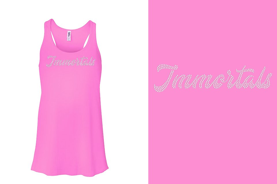 Rhinestones Immortals script text 1-color stones Youth Flowy Racerback Tank