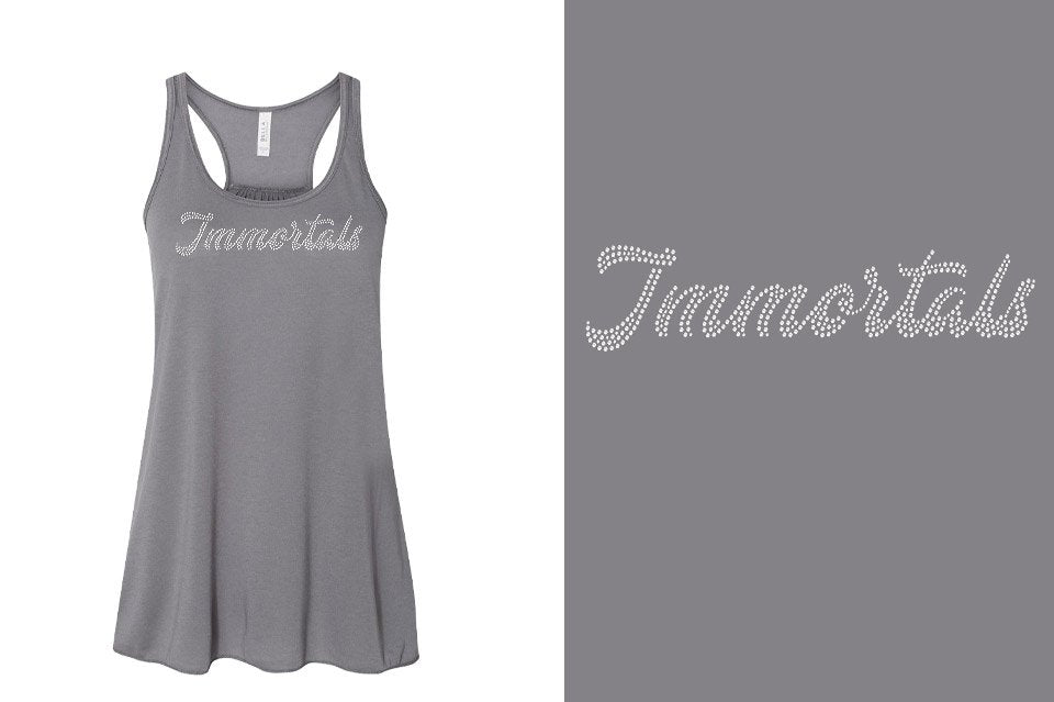 Rhinestones Immortals script text 1-color stones Youth Flowy Racerback Tank