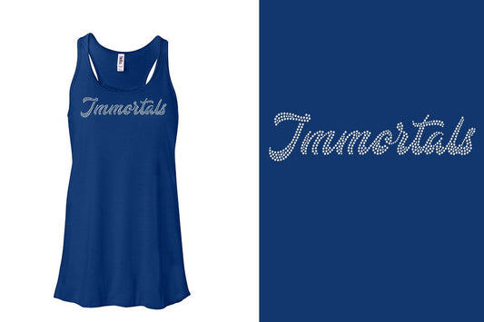 Rhinestones Immortals script text 1-color stones Youth Flowy Racerback Tank