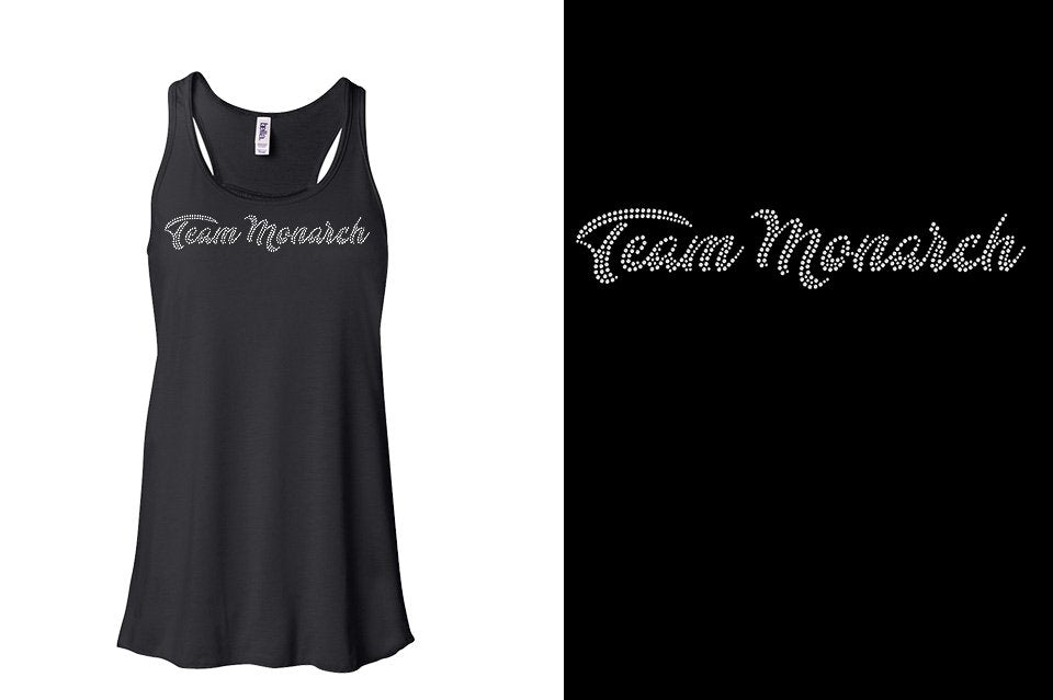 Rhinestones Team Monarch script text 1-color stones Youth Flowy Racerback Tank
