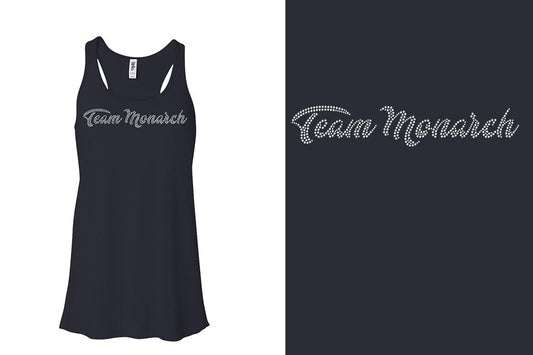 Rhinestones Team Monarch script text 1-color stones Youth Flowy Racerback Tank