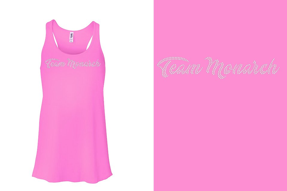 Rhinestones Team Monarch script text 1-color stones Youth Flowy Racerback Tank