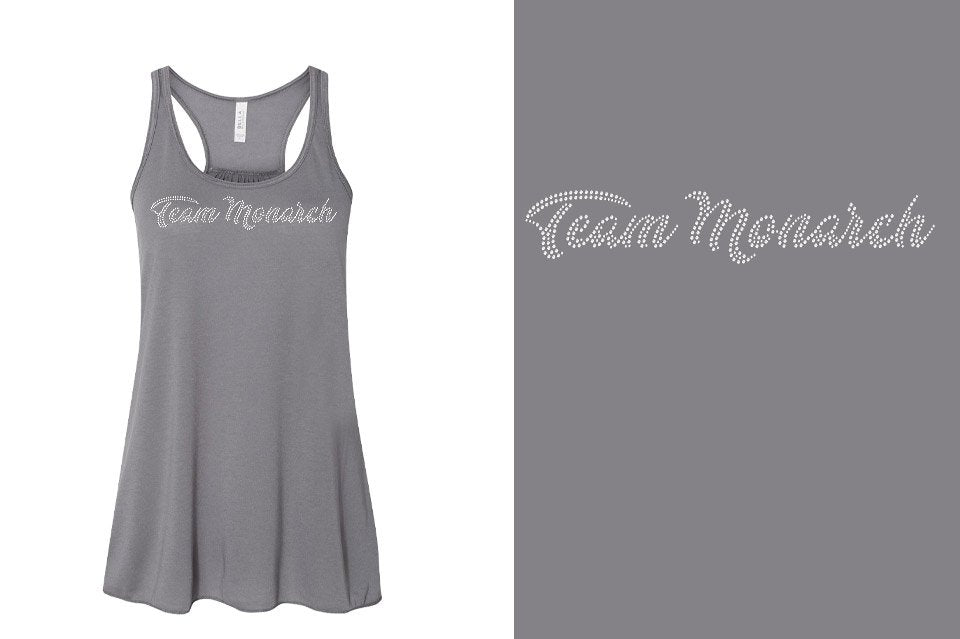Rhinestones Team Monarch script text 1-color stones Youth Flowy Racerback Tank