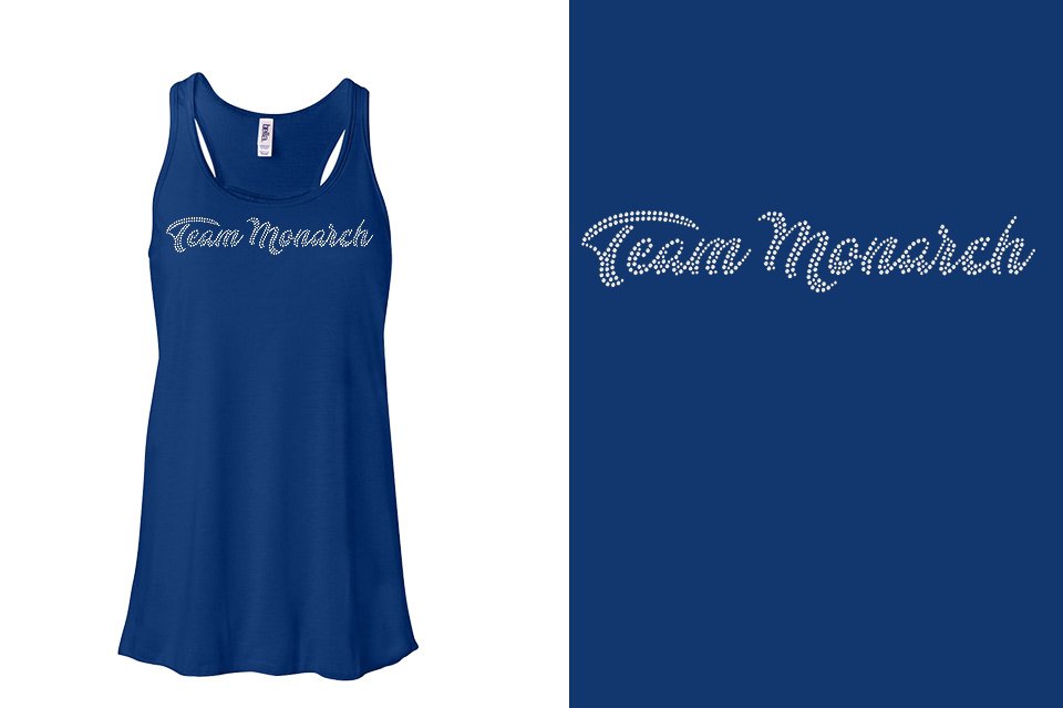 Rhinestones Team Monarch script text 1-color stones Youth Flowy Racerback Tank
