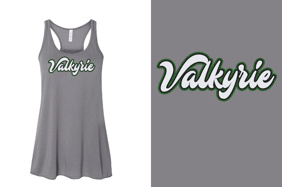 Valkyrie script text 3-color glitter Youth Flowy Racerback Tank