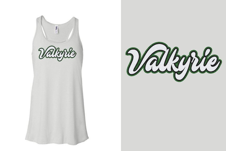 Valkyrie script text 3-color glitter Youth Flowy Racerback Tank