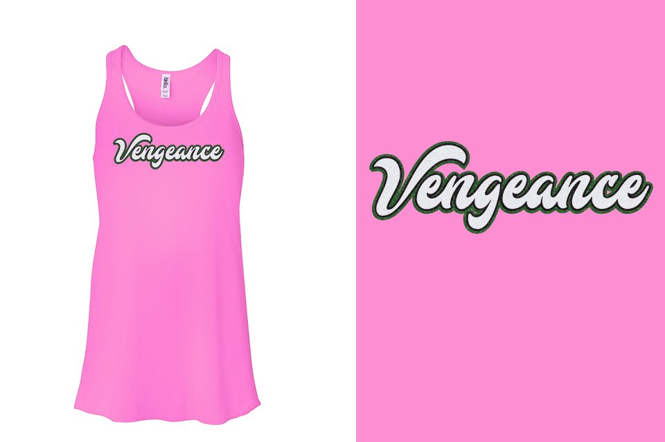 Vengeance script text 3-color glitter Youth Flowy Racerback Tank