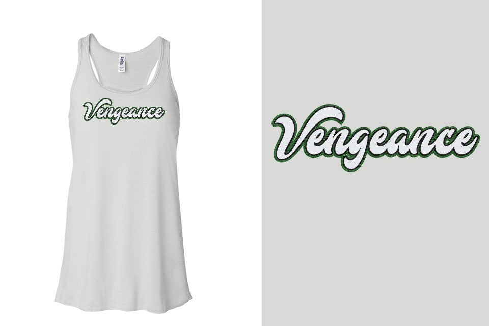 Vengeance script text 3-color glitter Youth Flowy Racerback Tank