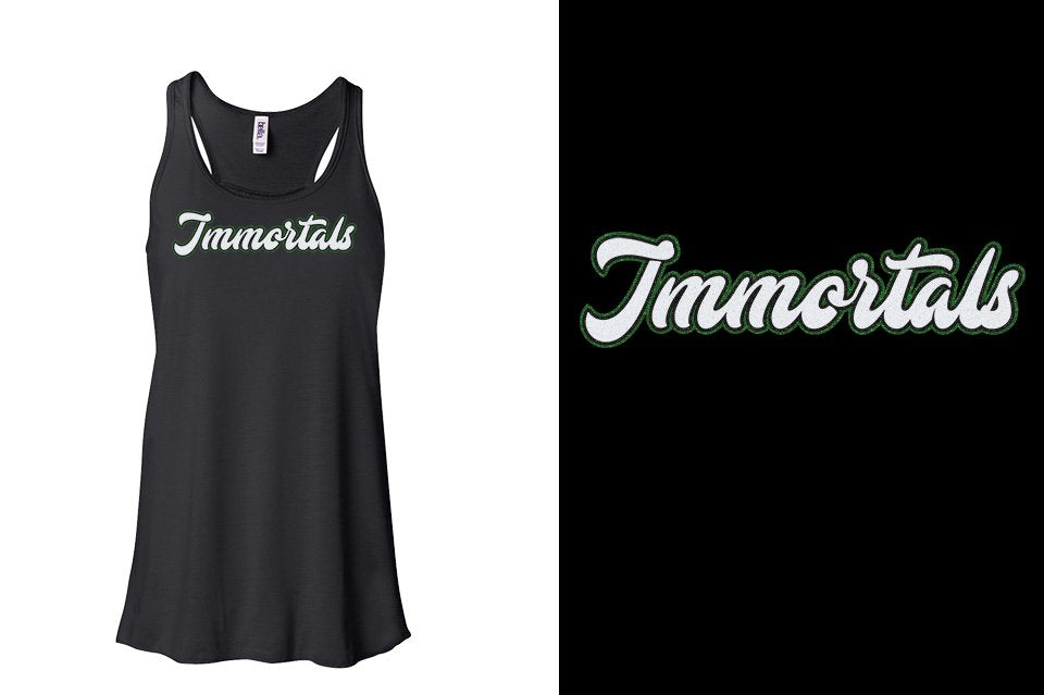 Immortals script text 3-color glitter Youth Flowy Racerback Tank
