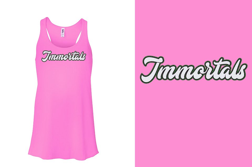 Immortals script text 3-color glitter Youth Flowy Racerback Tank