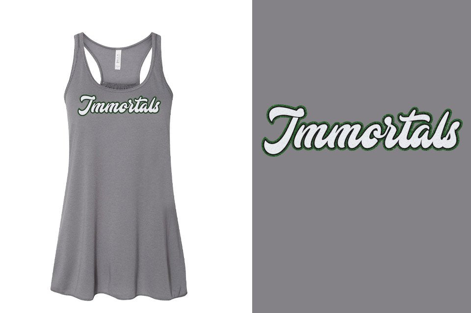 Immortals script text 3-color glitter Youth Flowy Racerback Tank
