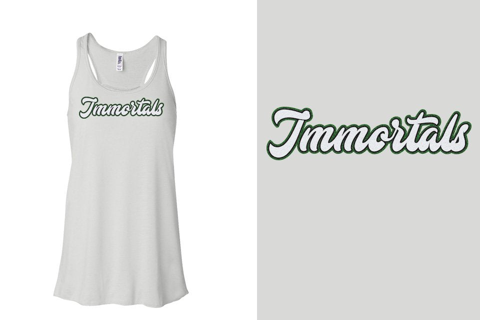Immortals script text 3-color glitter Youth Flowy Racerback Tank