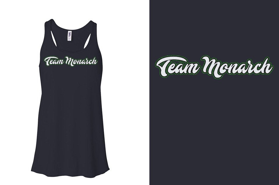 Team Monarch script text 3-color glitter Youth Flowy Racerback Tank