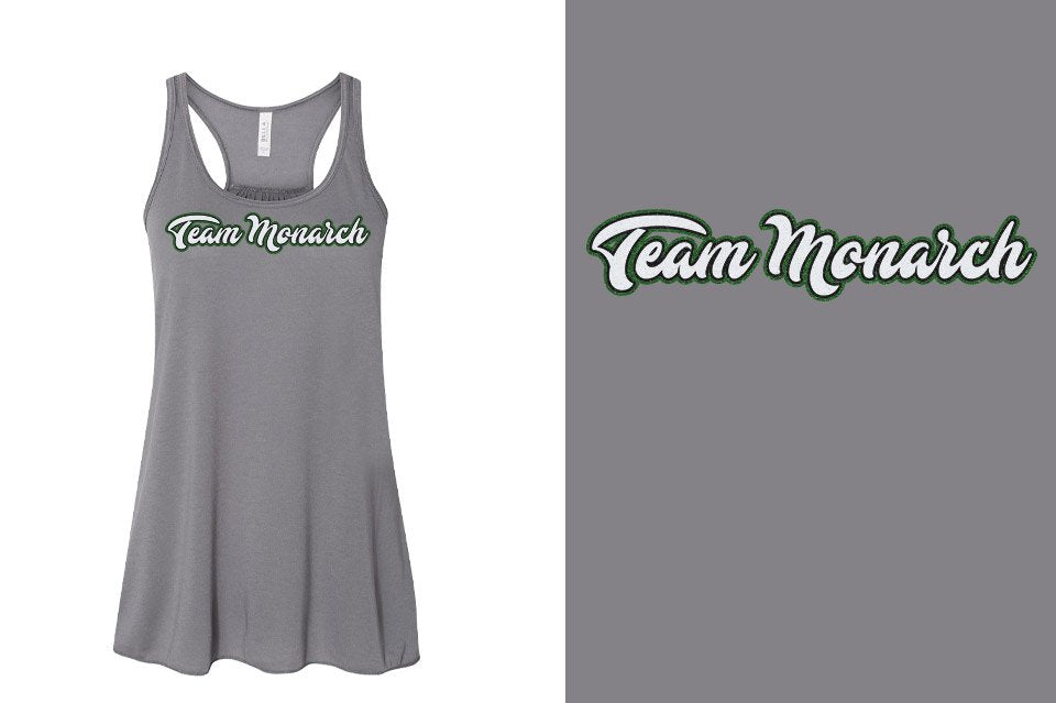 Team Monarch script text 3-color glitter Youth Flowy Racerback Tank