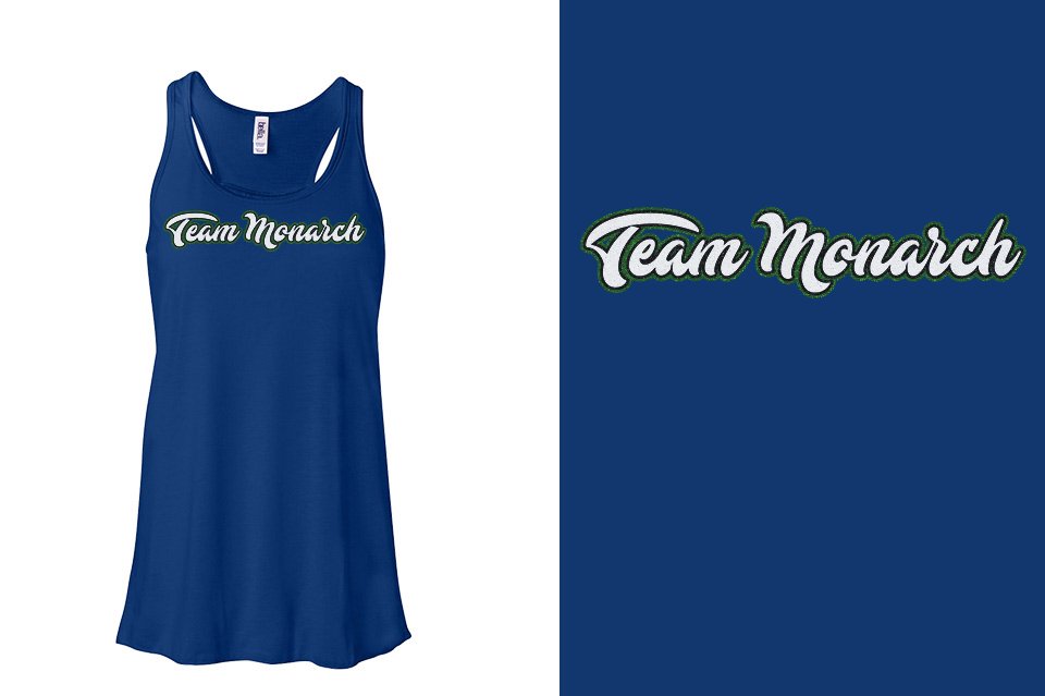 Team Monarch script text 3-color glitter Youth Flowy Racerback Tank